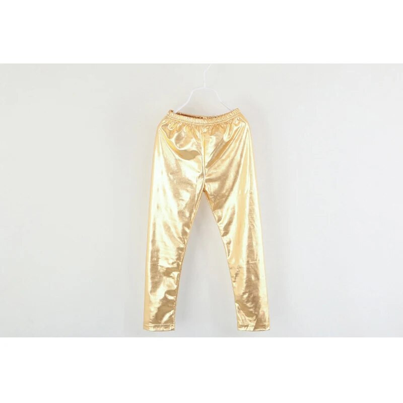 Leggings șic, strălucitori pentru fete, pantaloni elastici, aurii, argintii, pentru copii, culori metalice, cu paiete, din piele fuax, pantaloni de jos