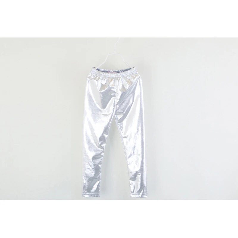 Leggings șic, strălucitori pentru fete, pantaloni elastici, aurii, argintii, pentru copii, culori metalice, cu paiete, din piele fuax, pantaloni de jos