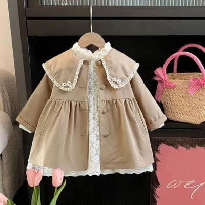 Dievčenský trenčkot, detské oblečenie, jar a jeseň, kórejská móda, stredne dlhý vrchný odev s klopou, 2023