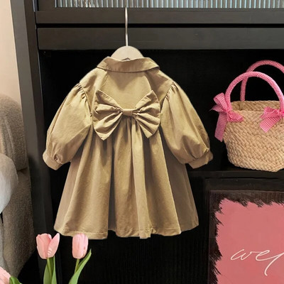 Dievčenský trenčkot, detské oblečenie, jar a jeseň, kórejská móda, stredne dlhý vrchný odev s klopou, 2023