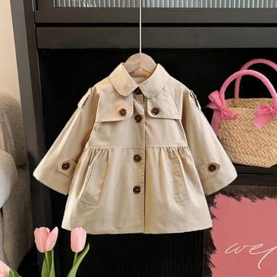 Dievčenský trenčkot, detské oblečenie, jar a jeseň, kórejská móda, stredne dlhý vrchný odev s klopou, 2023