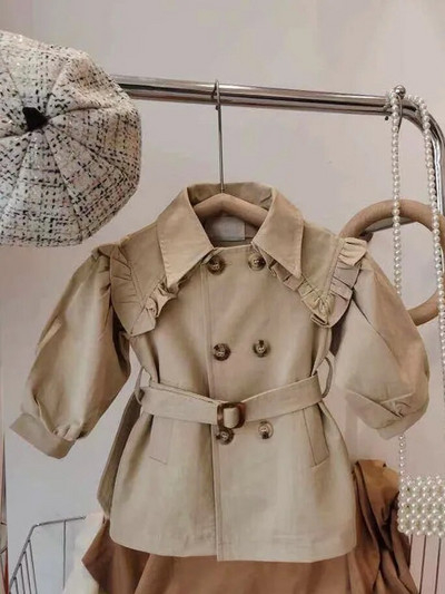 Dievčenský trenčkot, detské oblečenie, jar a jeseň, kórejská móda, stredne dlhý vrchný odev s klopou, 2023