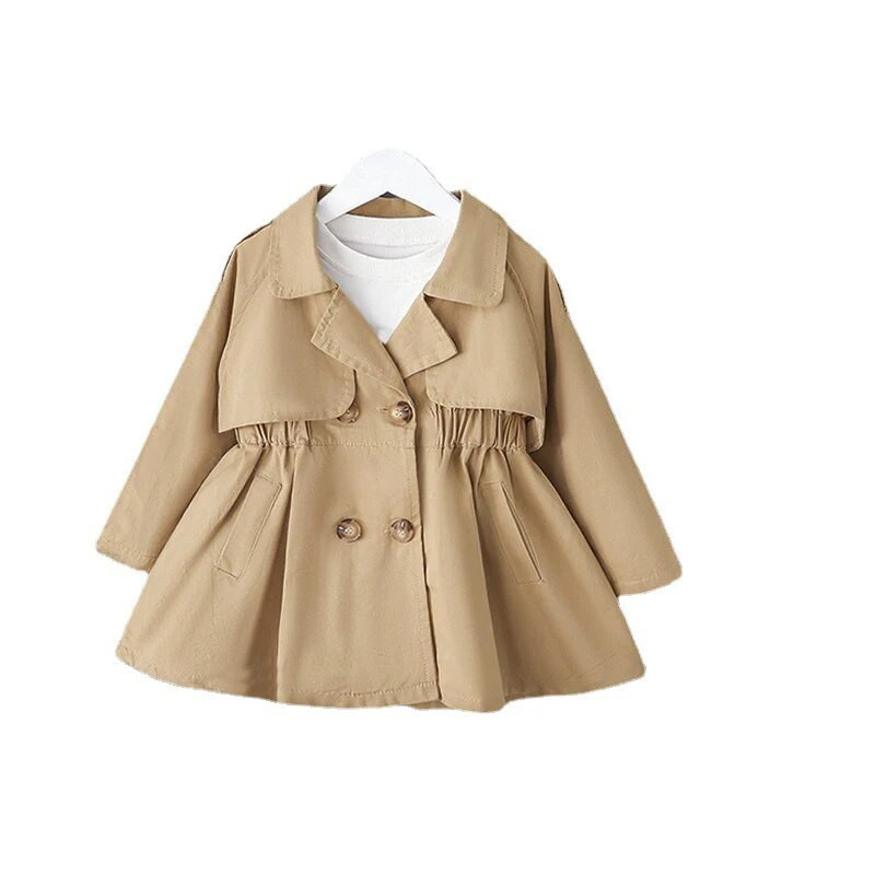 Dievčenský trenčkot, detské oblečenie, jar a jeseň, kórejská móda, stredne dlhý vrchný odev s klopou, 2023