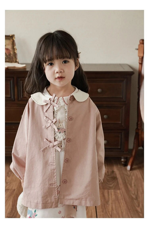 Trench pentru fete, haină de vânt, primăvară, toamnă, cu nod cu fundă, modă retro pentru bebeluși, guler răsturnat, haine pentru copii, mareea roz
