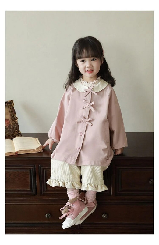 Trench pentru fete, haină de vânt, primăvară, toamnă, cu nod cu fundă, modă retro pentru bebeluși, guler răsturnat, haine pentru copii, mareea roz