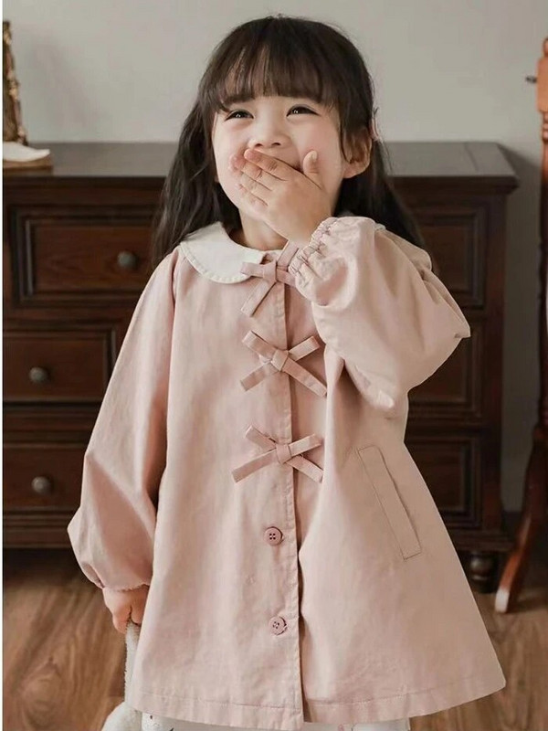 Trench pentru fete, haină de vânt, primăvară, toamnă, cu nod cu fundă, modă retro pentru bebeluși, guler răsturnat, haine pentru copii, mareea roz