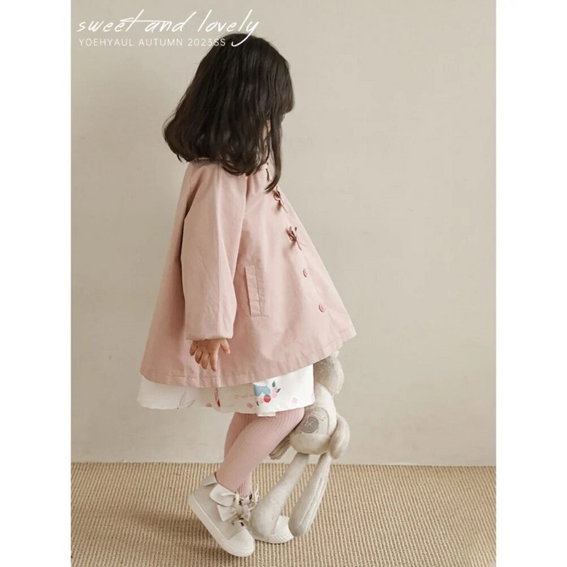 Trench pentru fete, haină de vânt, primăvară, toamnă, cu nod cu fundă, modă retro pentru bebeluși, guler răsturnat, haine pentru copii, mareea roz