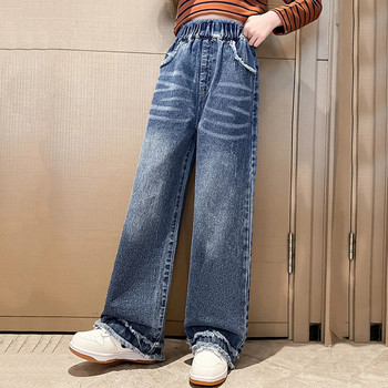 Широки панталони за момичета Сини дънки Модни широки универсални тийнейджърски училищни детски дънки Ежедневни детски панталони с еластична талия 4-12 години