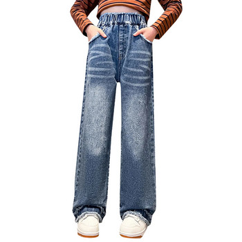 Широки панталони за момичета Сини дънки Модни широки универсални тийнейджърски училищни детски дънки Ежедневни детски панталони с еластична талия 4-12 години