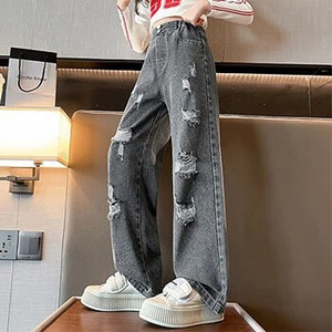 Pavasaris ruduo Paauglės Merginos Džinsinės plačios kelnės vaikiškos kelnės Naujos mados plėšyti mergaičių džinsai 5 6 8 10 12 14 metų vaikiški drabužiai