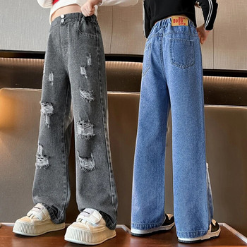 Пролет есен Деним широки панталони за тийнейджърки Детски панталони Нова мода Скъсани дънки за момичета 5 6 8 10 12 14 години Детски дрехи