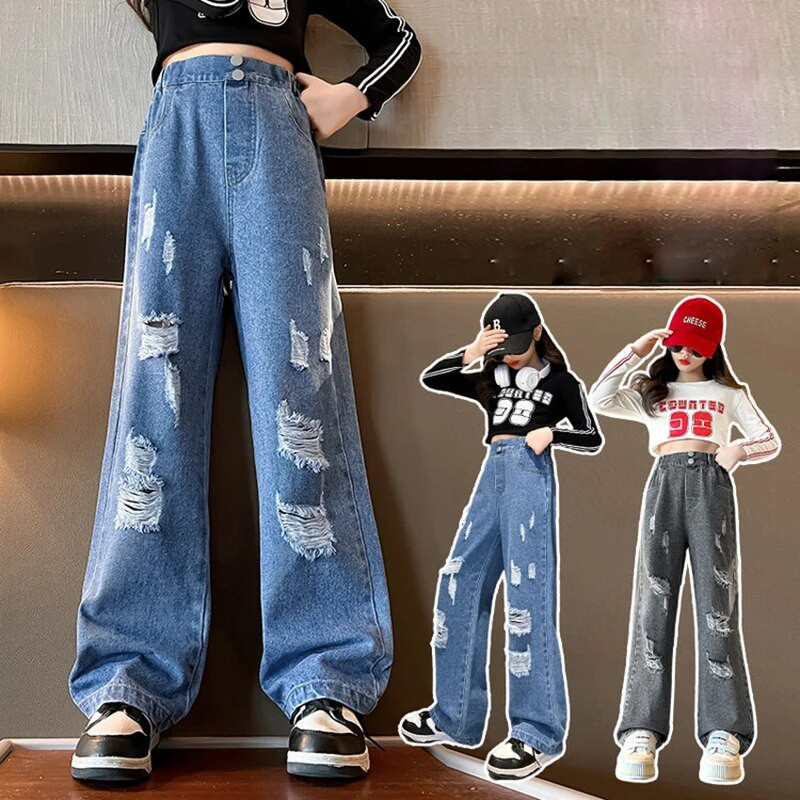 Pavasaris ruduo Paauglės Merginos Džinsinės plačios kelnės vaikiškos kelnės Naujos mados plėšyti mergaičių džinsai 5 6 8 10 12 14 metų vaikiški drabužiai