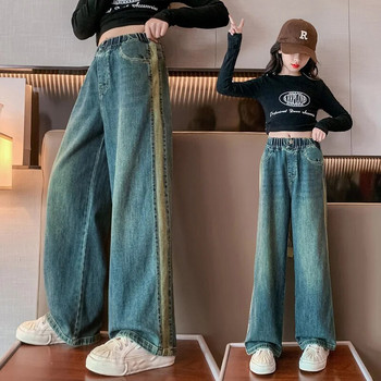 Дънки за деца 10, 12, 13, 14 години Модни свободни детски панталони с широки крачоли Есенни сини ежедневни универсални панталони за тийнейджърки