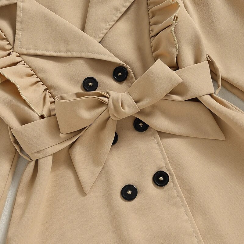 Detské dievčenské módne trenčkoty s volánikmi, dlhým rukávom, klopou, dvojitým zapínaním a opaskom, detské šaty, vrchné oblečenie 3-7 rokov