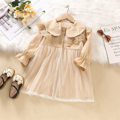 Laste ühekihiline Trench-mantel võrgust pits, lilleline printsessi kleit, tuulepluus, tüdrukute kevadine ülerõivas, pikad mantlid 2–7 aastat