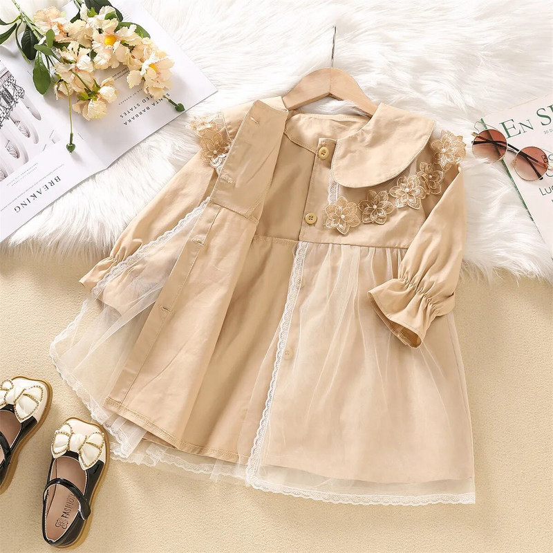 Laste ühekihiline Trench-mantel võrgust pits, lilleline printsessi kleit, tuulepluus, tüdrukute kevadine ülerõivas, pikad mantlid 2–7 aastat