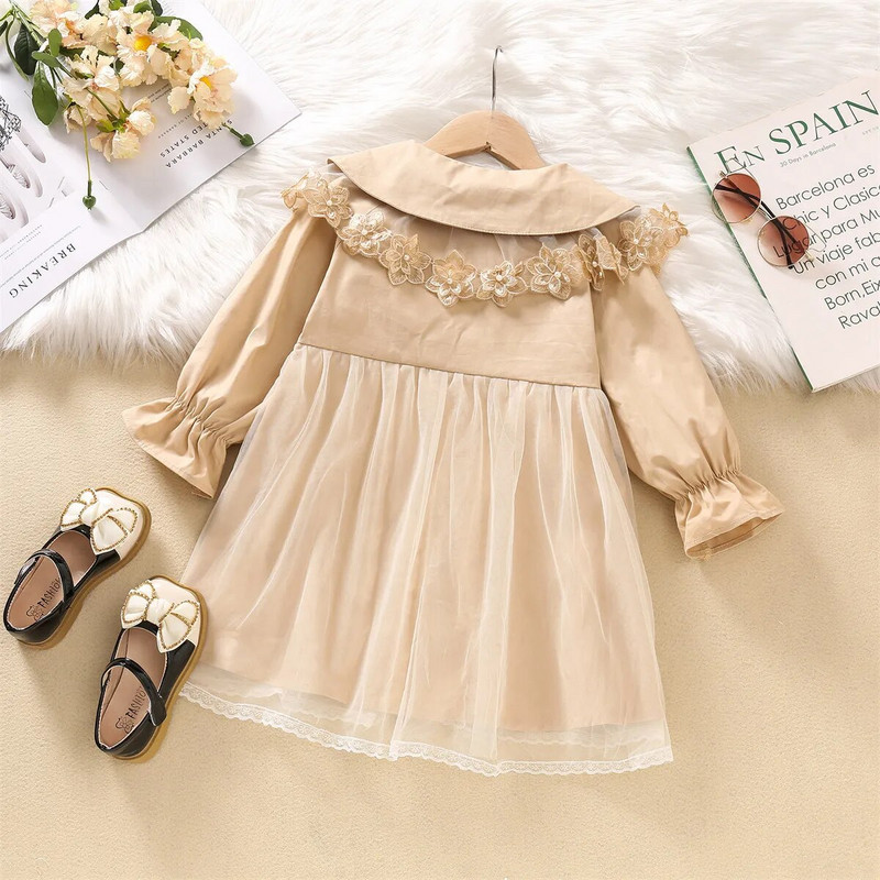 Laste ühekihiline Trench-mantel võrgust pits, lilleline printsessi kleit, tuulepluus, tüdrukute kevadine ülerõivas, pikad mantlid 2–7 aastat