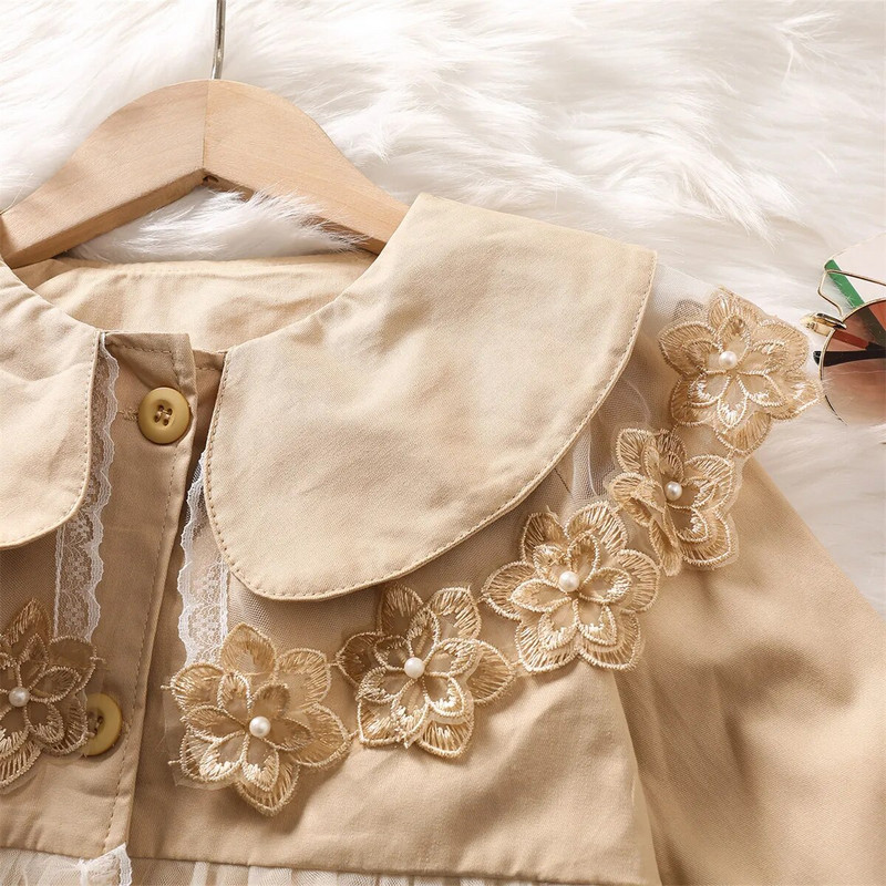 Laste ühekihiline Trench-mantel võrgust pits, lilleline printsessi kleit, tuulepluus, tüdrukute kevadine ülerõivas, pikad mantlid 2–7 aastat