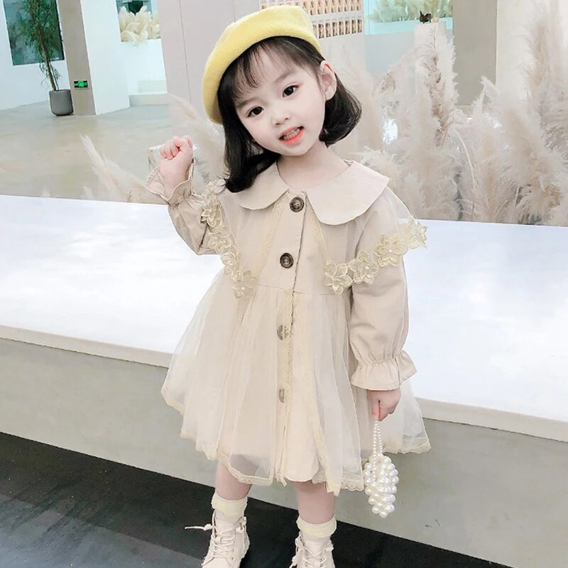 Laste ühekihiline Trench-mantel võrgust pits, lilleline printsessi kleit, tuulepluus, tüdrukute kevadine ülerõivas, pikad mantlid 2–7 aastat