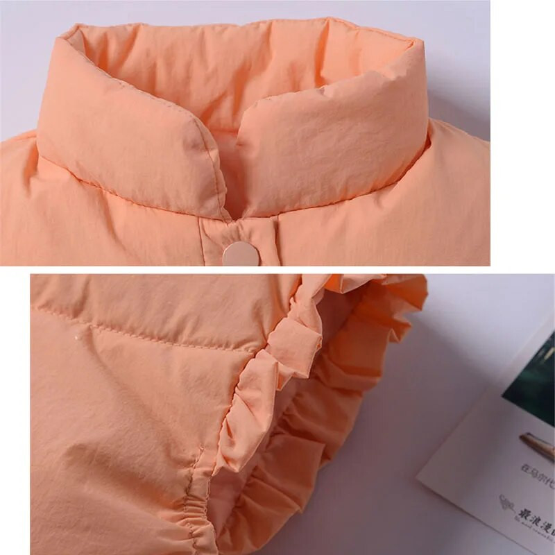 2023 Nová páperová vesta pre dievčatká a chlapcov, prešívaná vesta s volánikovými rukávmi, ľahké kabáty pre deti, biele páperové vrchné oblečenie, módna teplá vesta