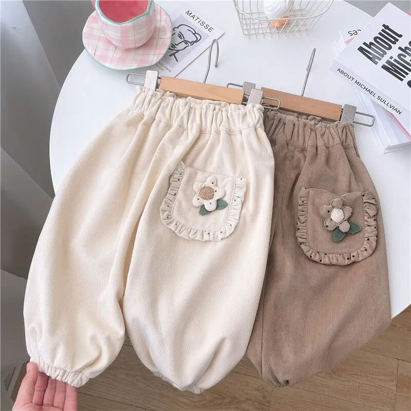 Jarné a jesenné šaty pre bábätká s kvetinovým vzorom, manšestrové nohavice, módne dievčenské voľnočasové nohavice, športové nohavice, detské nohavice