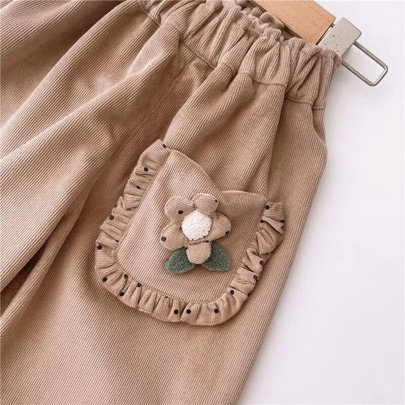 Jarné a jesenné šaty pre bábätká s kvetinovým vzorom, manšestrové nohavice, módne dievčenské voľnočasové nohavice, športové nohavice, detské nohavice