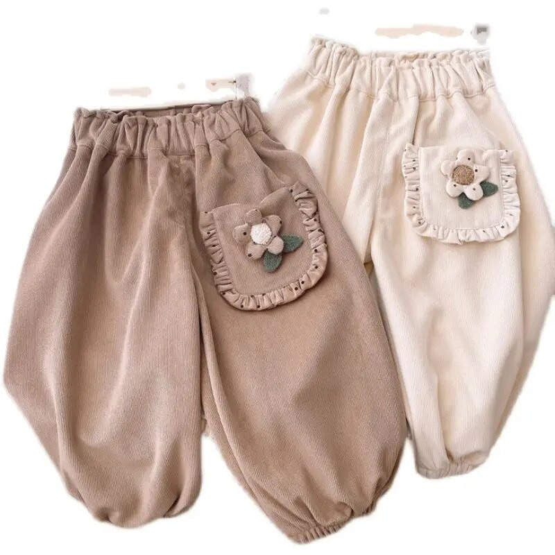 Jarné a jesenné šaty pre bábätká s kvetinovým vzorom, manšestrové nohavice, módne dievčenské voľnočasové nohavice, športové nohavice, detské nohavice