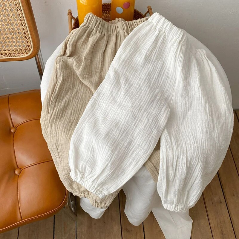 Detské nohavice zo 100% bavlny s dvojitou gázou, jar/leto, nové chlapčenské a dievčenské, ležérne japonské jednofarebné nohavice, detské bloomers WTP110