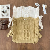 Jesenné dievčenské pletené vesty s volánikmi a mašľou pre deti z roku 2023, jesenné, kórejské, pre dievčatá, elegantné vesty