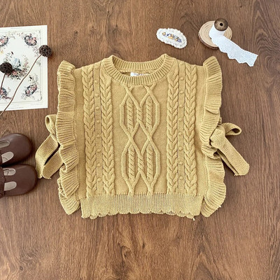 Jesenné dievčenské pletené vesty s volánikmi a mašľou pre deti z roku 2023, jesenné, kórejské, pre dievčatá, elegantné vesty