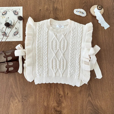 Jesenné dievčenské pletené vesty s volánikmi a mašľou pre deti z roku 2023, jesenné, kórejské, pre dievčatá, elegantné vesty