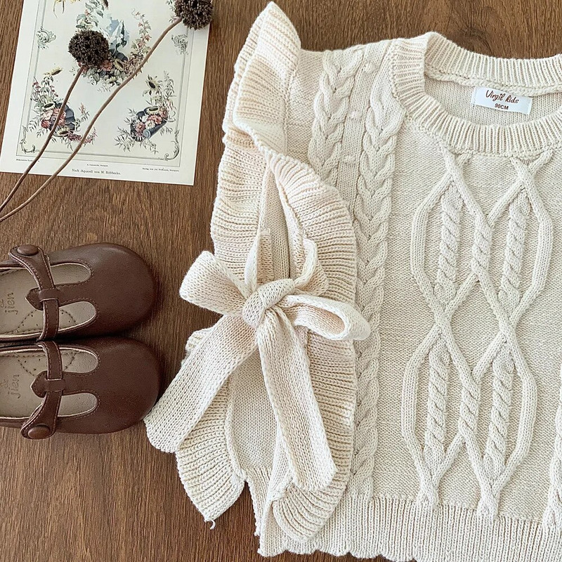 Jesenné dievčenské pletené vesty s volánikmi a mašľou pre deti z roku 2023, jesenné, kórejské, pre dievčatá, elegantné vesty