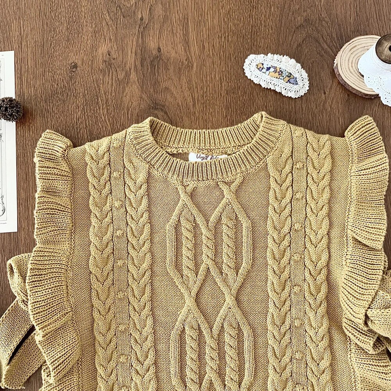 Jesenné dievčenské pletené vesty s volánikmi a mašľou pre deti z roku 2023, jesenné, kórejské, pre dievčatá, elegantné vesty
