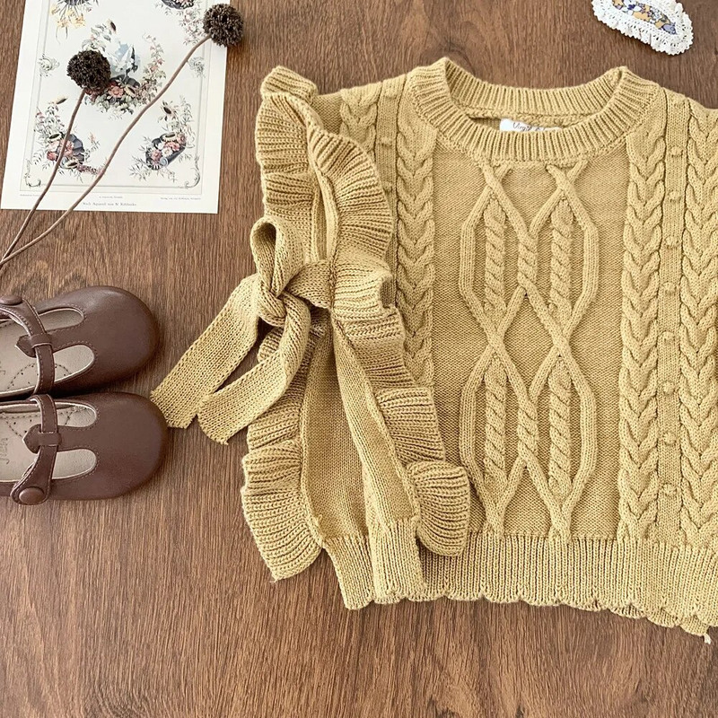 Jesenné dievčenské pletené vesty s volánikmi a mašľou pre deti z roku 2023, jesenné, kórejské, pre dievčatá, elegantné vesty