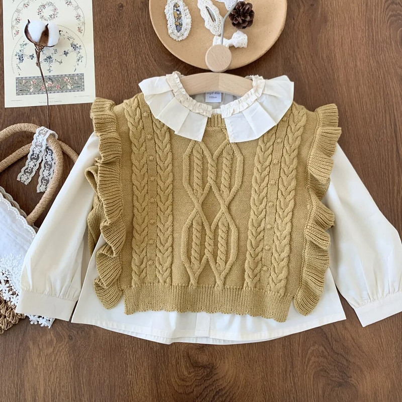 Jesenné dievčenské pletené vesty s volánikmi a mašľou pre deti z roku 2023, jesenné, kórejské, pre dievčatá, elegantné vesty