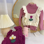 Dievčenský sveter/vesta, roztomilá dievčenská jesenná vesta 2023, nová dievčenská pletená vesta s kvetinovým vzorom a čipkovaným golierom, detské oblečenie pre bábätká