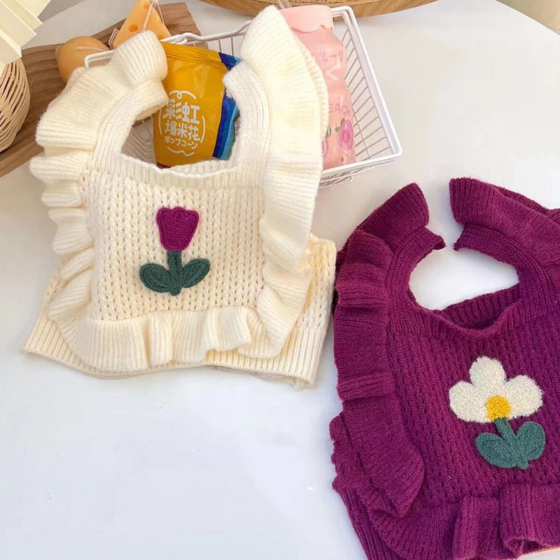 Dievčenský sveter/vesta, roztomilá dievčenská jesenná vesta 2023, nová dievčenská pletená vesta s kvetinovým vzorom a čipkovaným golierom, detské oblečenie pre bábätká