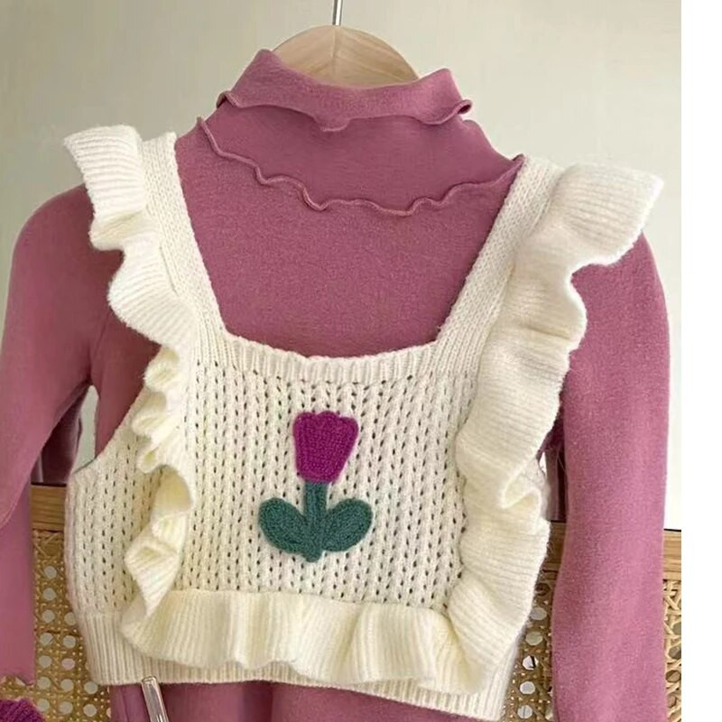 Dievčenský sveter/vesta, roztomilá dievčenská jesenná vesta 2023, nová dievčenská pletená vesta s kvetinovým vzorom a čipkovaným golierom, detské oblečenie pre bábätká
