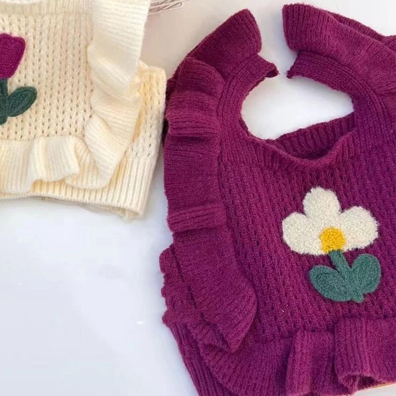 Dievčenský sveter/vesta, roztomilá dievčenská jesenná vesta 2023, nová dievčenská pletená vesta s kvetinovým vzorom a čipkovaným golierom, detské oblečenie pre bábätká