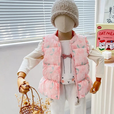 Moodne soe beebitüdruku puhvis mantel vest, volangidega varrukatega kerge lapse roosa vest, puuvillane padjake Laste ülerõivad 1-6 a.