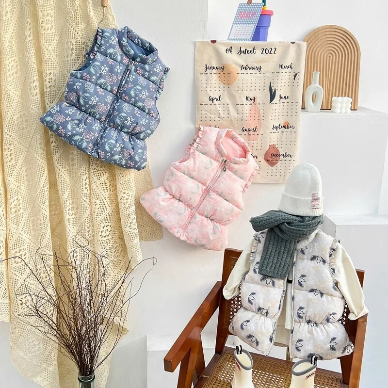 Moodne soe beebitüdruku puhvis mantel vest, volangidega varrukatega kerge lapse roosa vest, puuvillane padjake Laste ülerõivad 1-6 a.