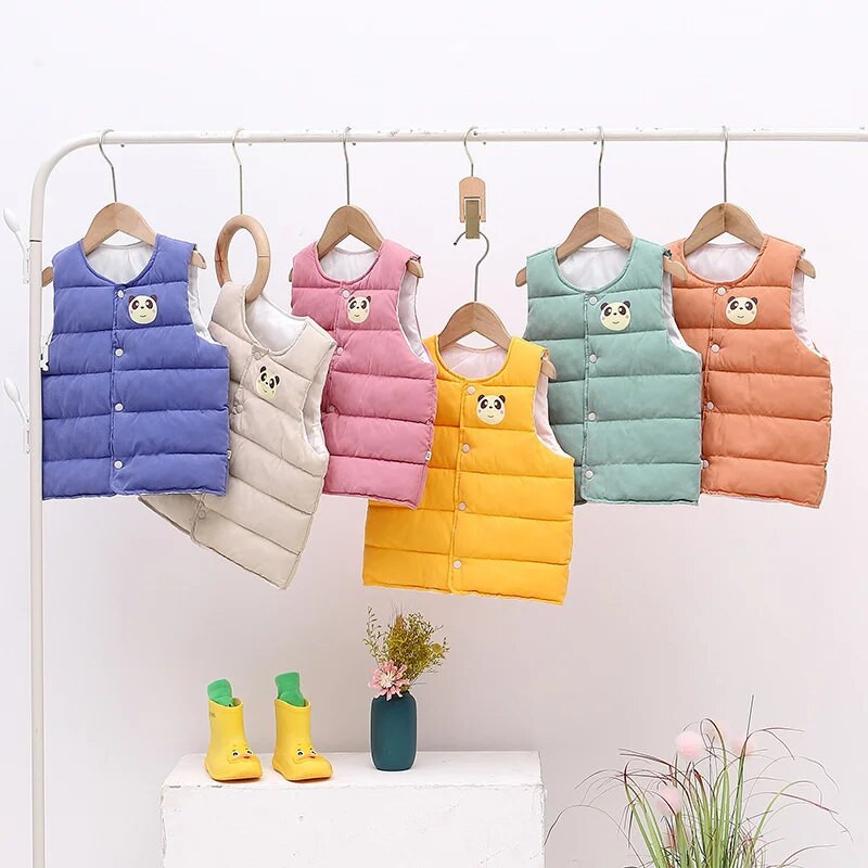 Jesenné nové detské vesty, roztomilé kreslené medvedíky, bavlnené bundy s potlačou, detské oblečenie pre chlapcov a dievčatá, zateplené páperové vesty, vrchné oblečenie