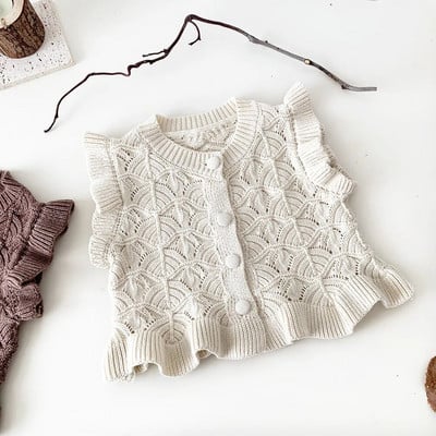 Detské pletené vesty s volánmi, jar/jeseň 2023, batoľatá, dievčatká, pletené vesty s dutými volánikmi, bez rukávov, kardigan, detské ležérne vesty