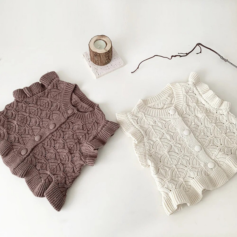 Detské pletené vesty s volánmi, jar/jeseň 2023, batoľatá, dievčatká, pletené vesty s dutými volánikmi, bez rukávov, kardigan, detské ležérne vesty