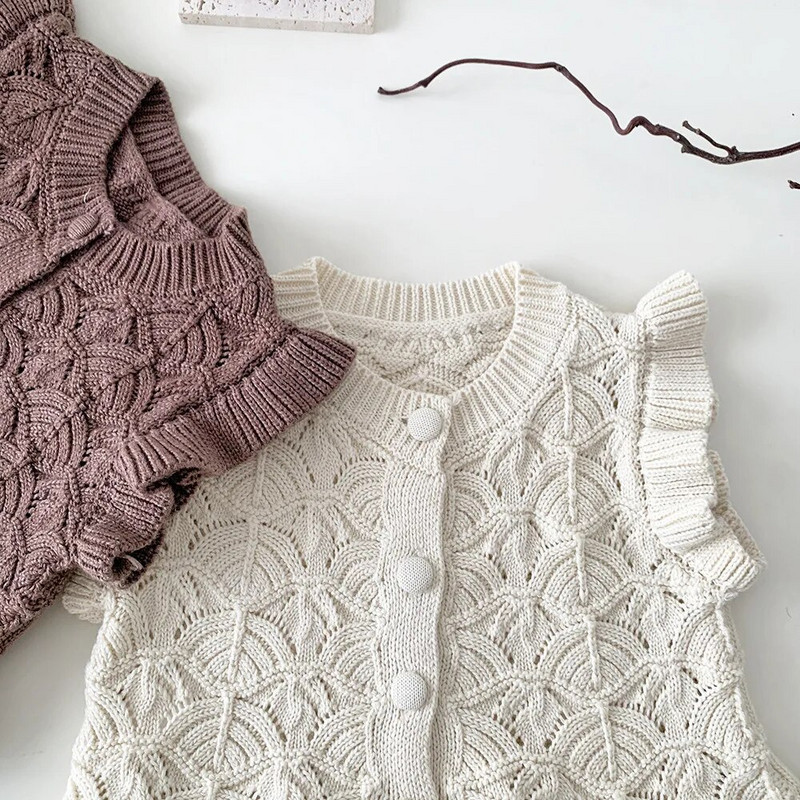 Detské pletené vesty s volánmi, jar/jeseň 2023, batoľatá, dievčatká, pletené vesty s dutými volánikmi, bez rukávov, kardigan, detské ležérne vesty