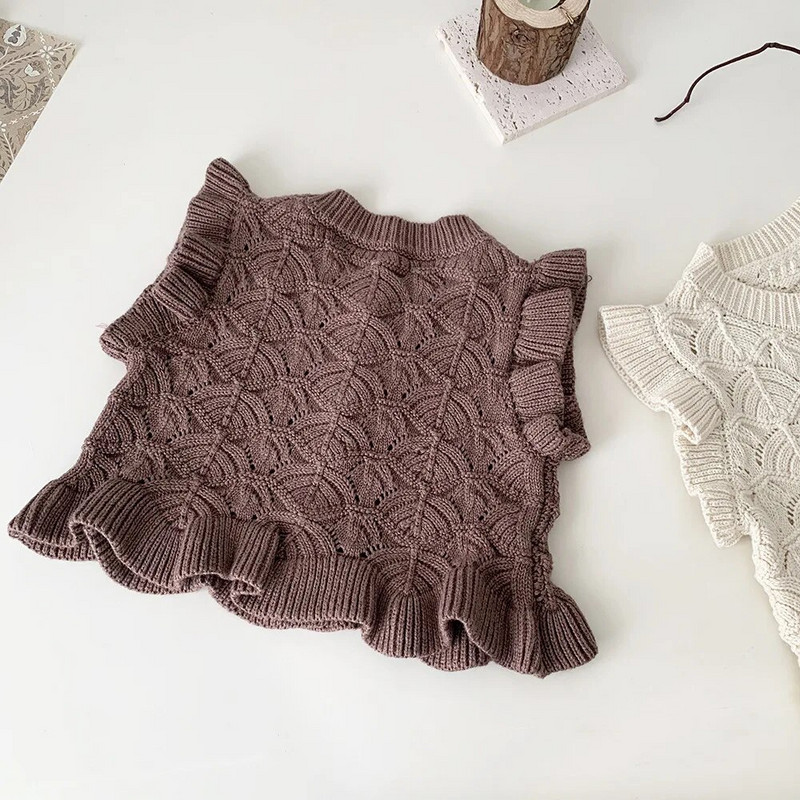 Detské pletené vesty s volánmi, jar/jeseň 2023, batoľatá, dievčatká, pletené vesty s dutými volánikmi, bez rukávov, kardigan, detské ležérne vesty