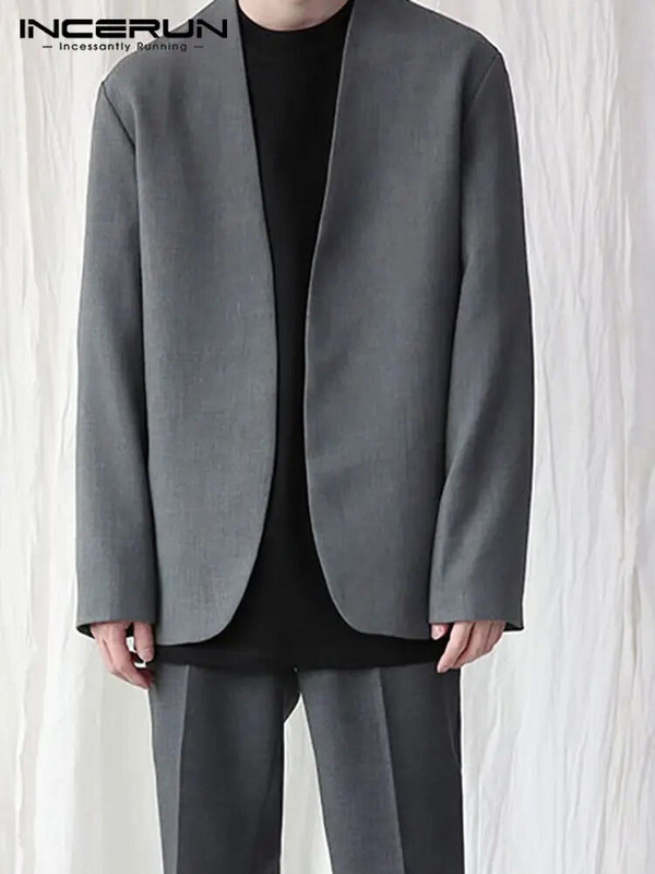 INCERUN 2023 Pánske tričko s dlhým rukávom a výstrihom do V, jednofarebné, s otvoreným stehom, ležérne pánske oblečenie, streetwear, módne oblečenie na voľný čas, vrchné oblečenie, veľkosť S-5XL