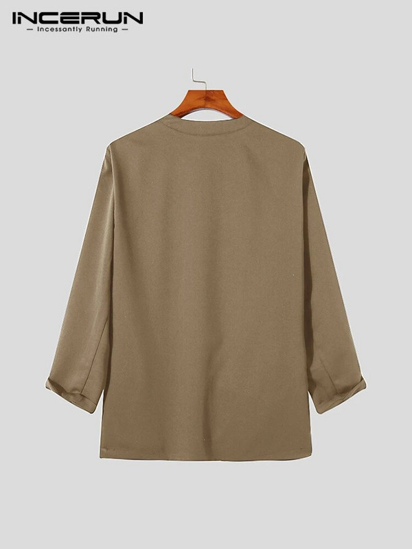 INCERUN 2023 Pánske tričko s dlhým rukávom a výstrihom do V, jednofarebné, s otvoreným stehom, ležérne pánske oblečenie, streetwear, módne oblečenie na voľný čas, vrchné oblečenie, veľkosť S-5XL