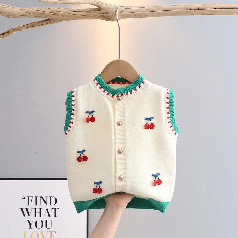Jarné a jesenné pletené vesty pre dievčatá, bez rukávov s čerešňovou výzdobou, batoľatá, detské vesty, dievčenské kardigany, topy GY04201