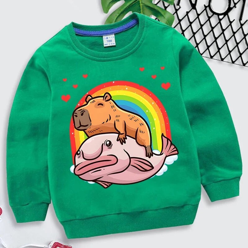 Capybara Giant Graphics Megztiniai Mergaičių berniukų Vaivorykštės Širdelės Moletom Infantil Harajuku Gyvūnų megztiniai Juokingi prekės ženklo Vaikiški Drabužiai